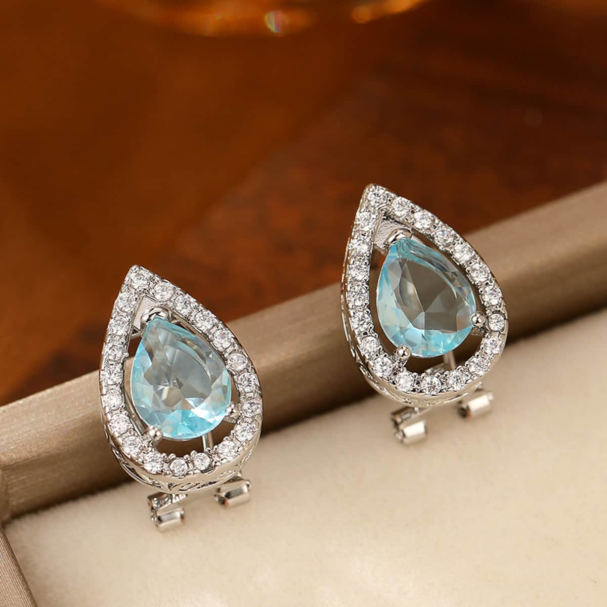 Blue Topaz & Cubic Zirconia Silvertone Hola Drop Huggie Earrings