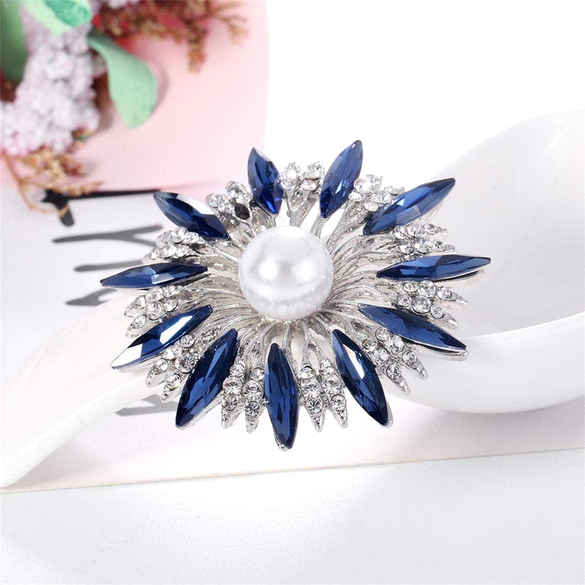 Blue Crystal & Cubic Zirconia Pearl Silvertone Sunflower Brooch