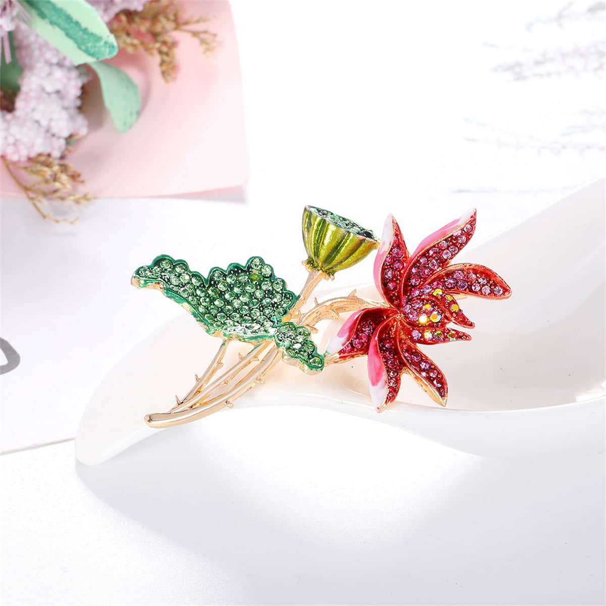 Green Enamel & Multicolor Cubic Zirconia Goldtone Lotus Brooch