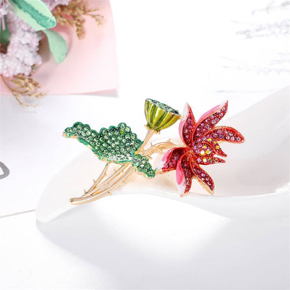 Green Enamel & Multicolor Cubic Zirconia Goldtone Lotus Brooch