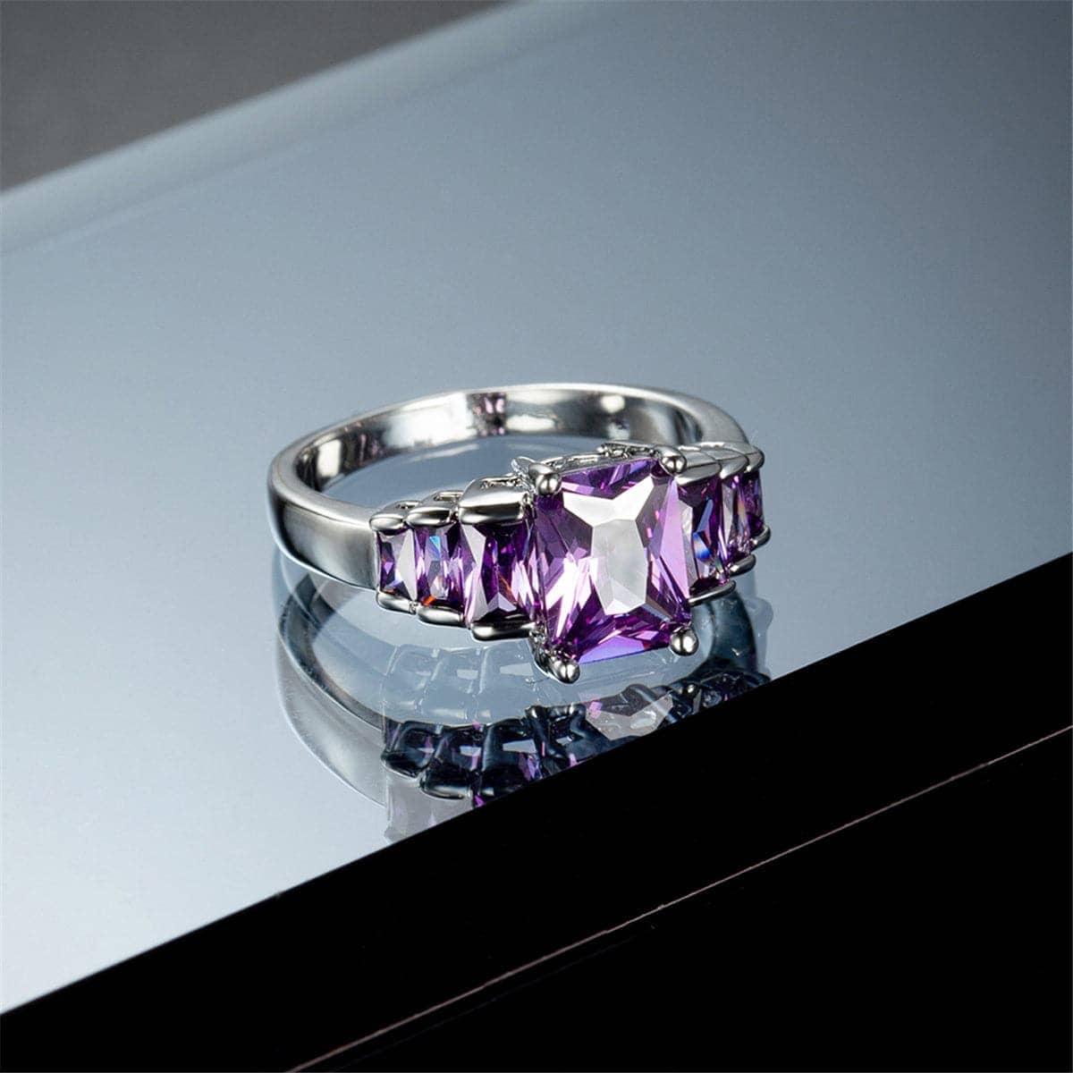 Purple Crystal & Silvertone Five-Stone Radiant-Cut Ring