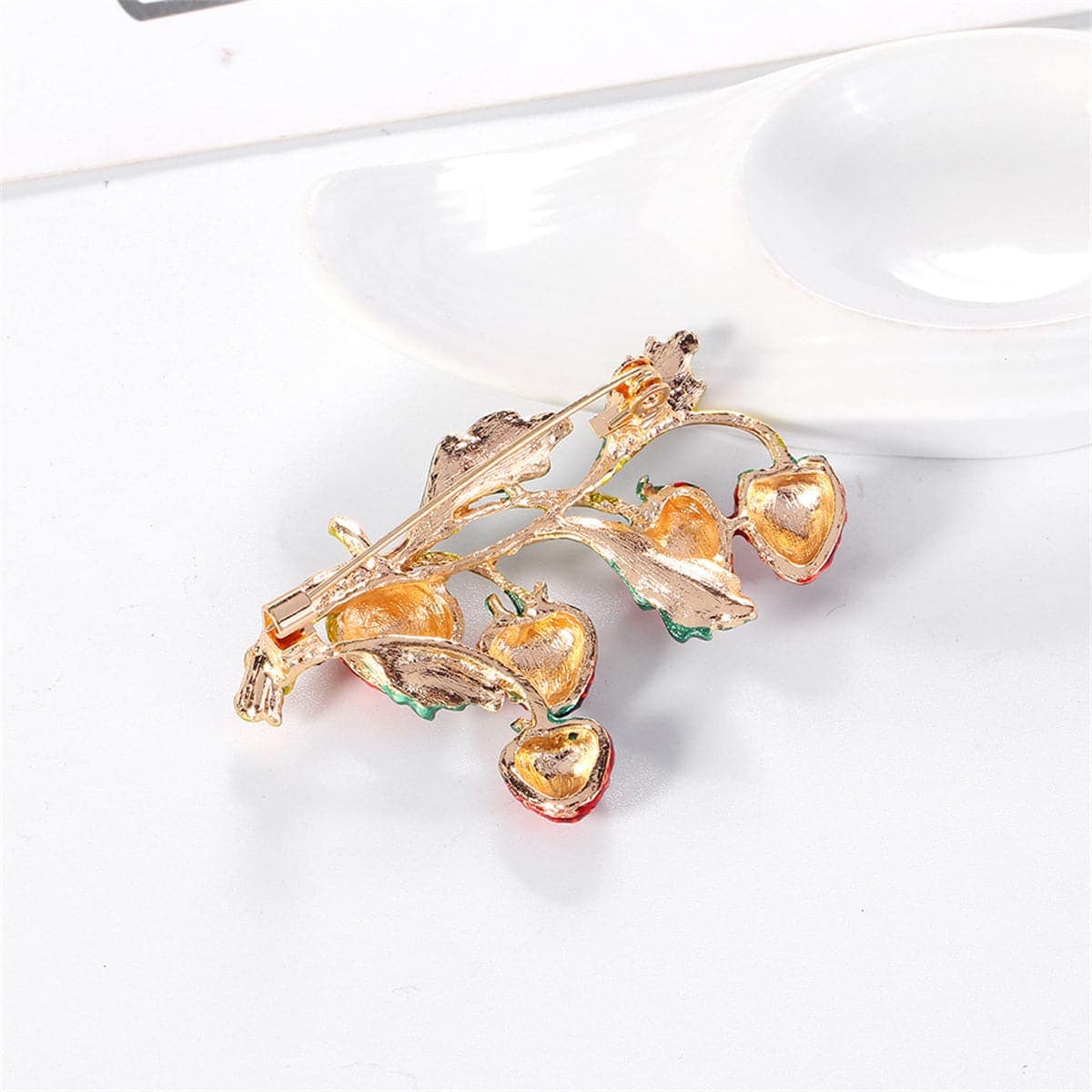 Red Enamel & Goldtone Strawberries Brooch