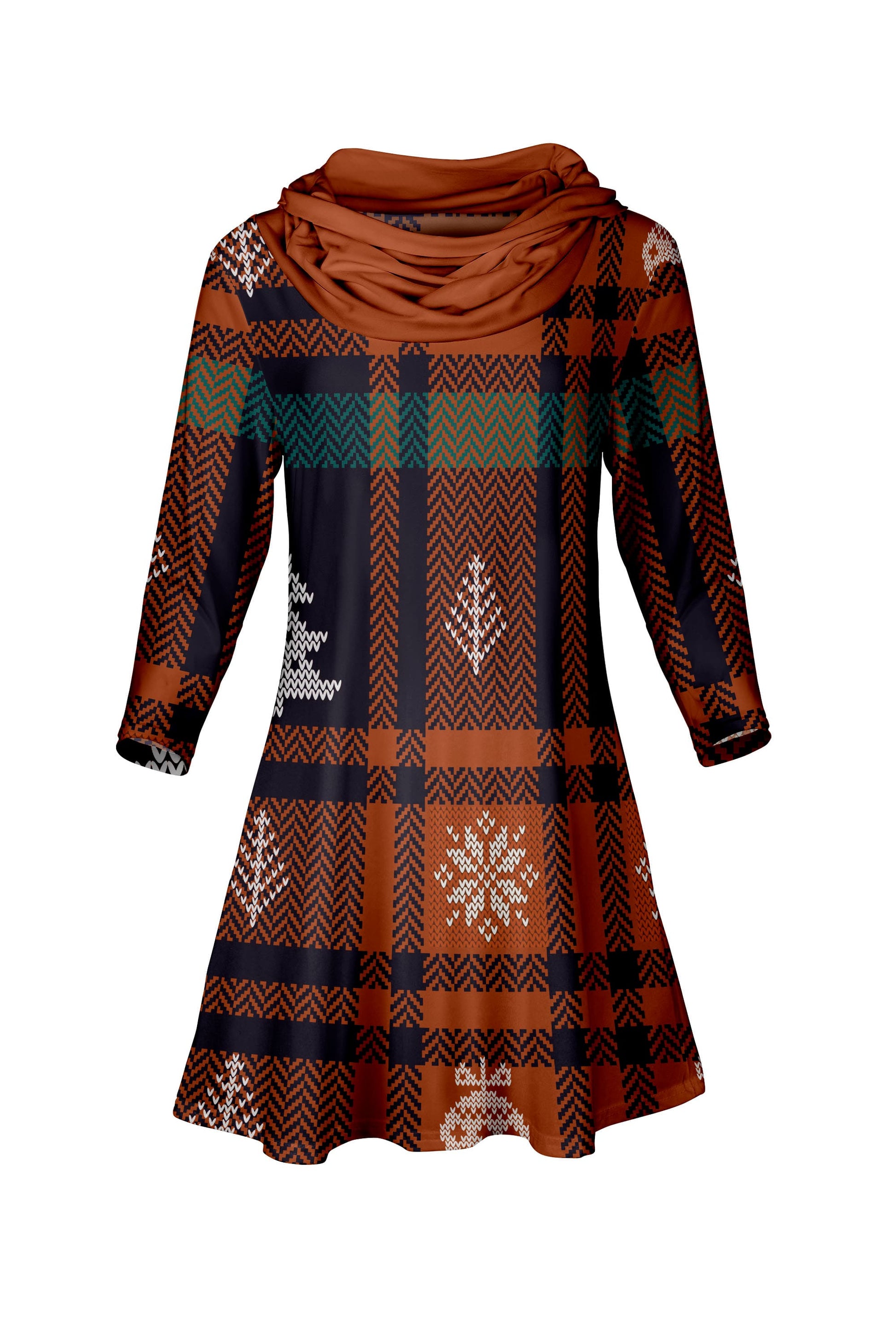 plaid holiday dress womens Lily by Firmiana Women’s Long Sleeve Cowl Neck Plaid Tunic Dress Brown & Teal Plaid Tunic Dress Brown & Teal Plaid Tunic Dress / 3XL