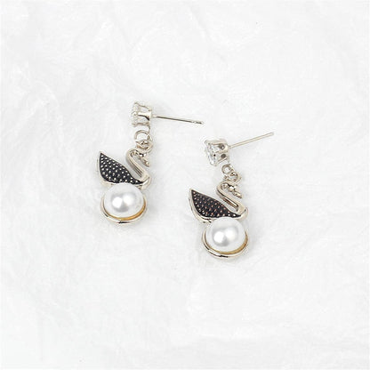 Cubic Zirconia & Pearl Silvertone Swan Drop Earring