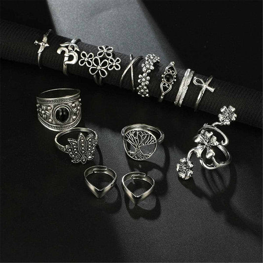Black & Silvertone Botany Ring Set