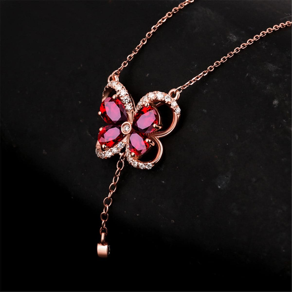 Red Crystal & Cubic Zirconia Butterfly Pendant Necklace-1