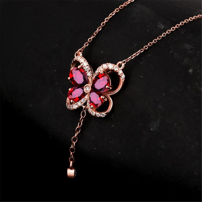 Red Crystal & Cubic Zirconia Butterfly Pendant Necklace-1