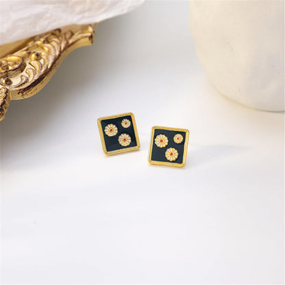 Black Enamel & Goldtone Three Mums Square Stud Earrings