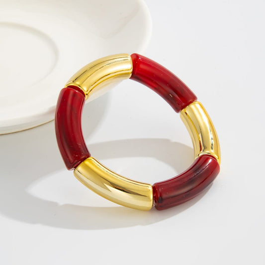 Wine Red Resin & Goldtone Joint Stretch Bracelet