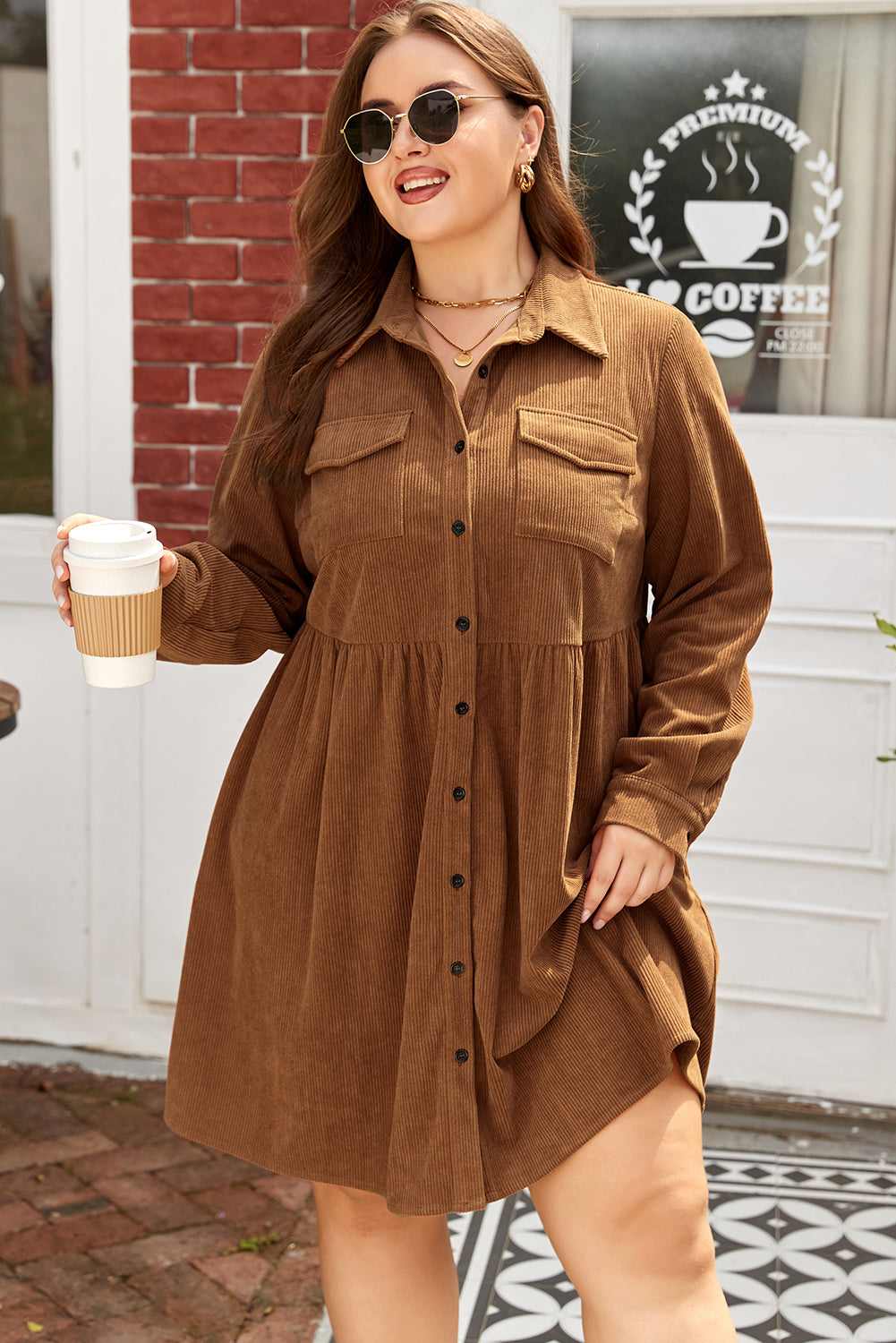 Galilea Corduroy Full Collared PLUS Shirt - Camel / 1X - 14W-16W