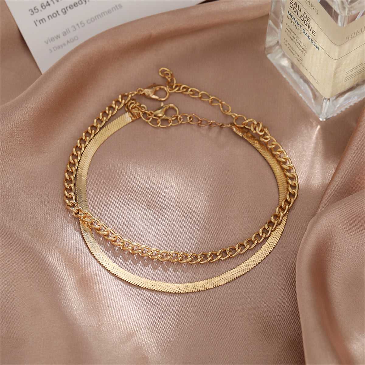 Goldtone Herringbone Chain Anklet & Curb Chain Anklet