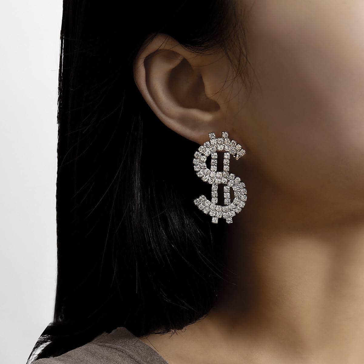Cubic Zirconia & Silvertone Dollar Sign Drop Earrings