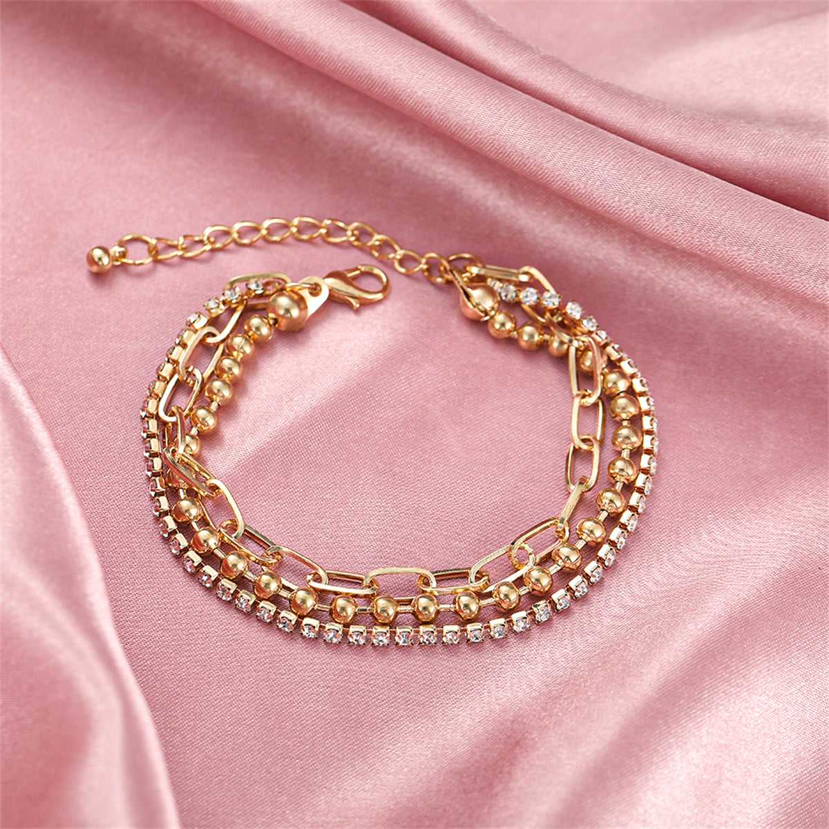 Cubic Zirconia & Goldtone Layered Ball Chain Anklet