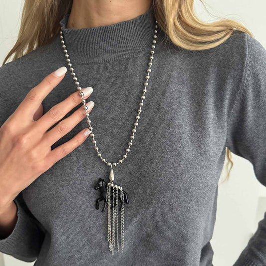 Black Acrylic & Silvertone Horse Pendant Ball Chain Necklace