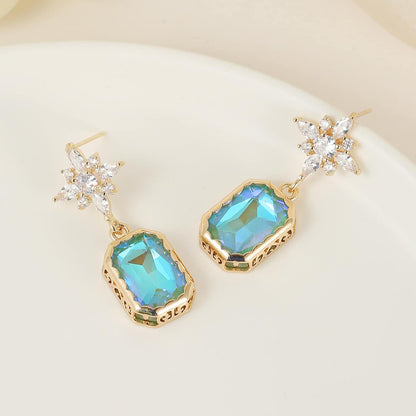 Green Crystal & Cubic Zirconia Goldtone Star Rectangle Dangle Earrings