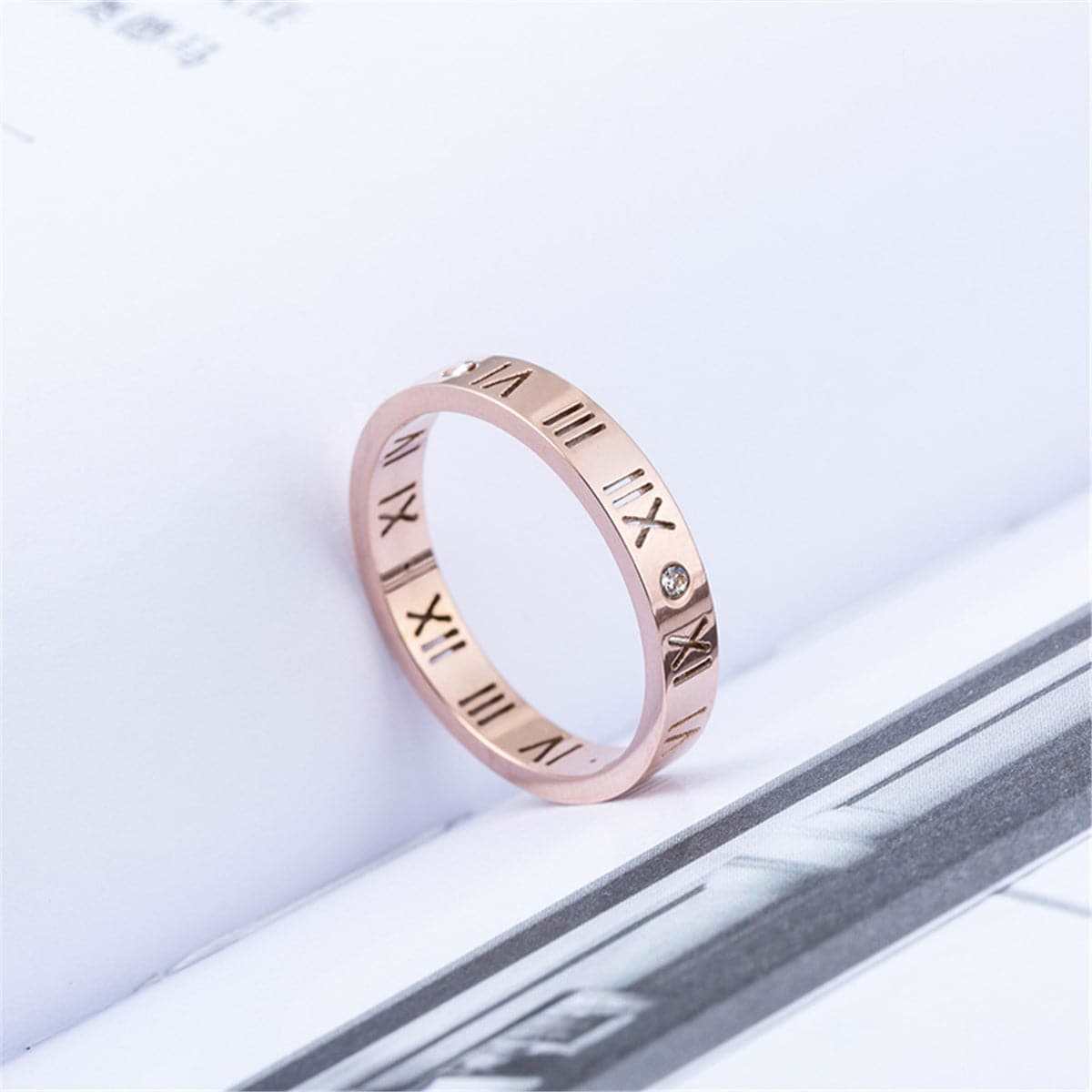 Cubic Zirconia & Rose Goldtone Roman Numeral Band Ring