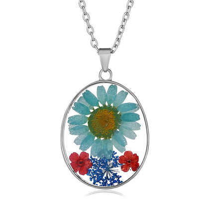 Blue & Red Pressed Flower Oval Pendant Necklace