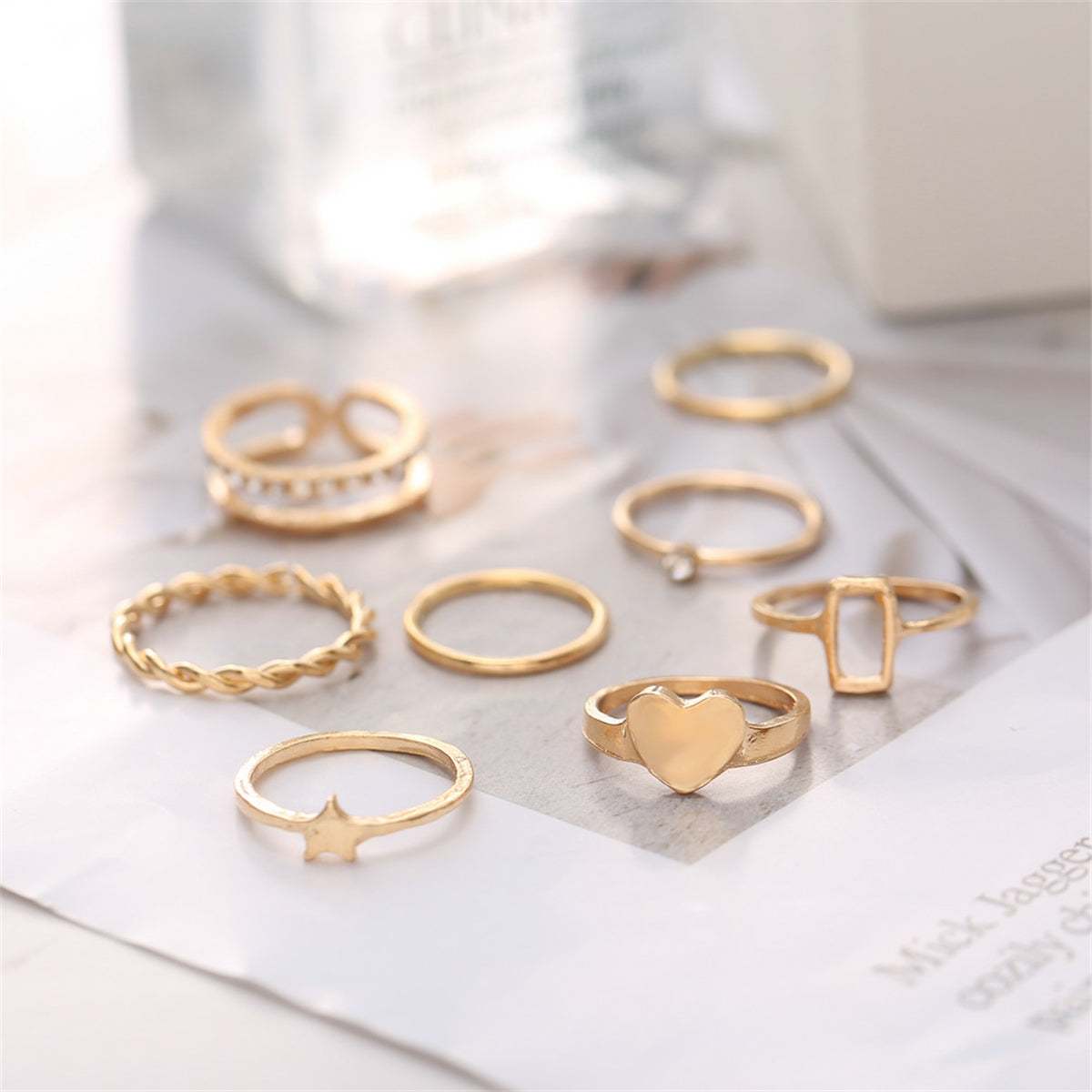 Cubic Zirconia & Goldtone Heart Star Band Ring Set