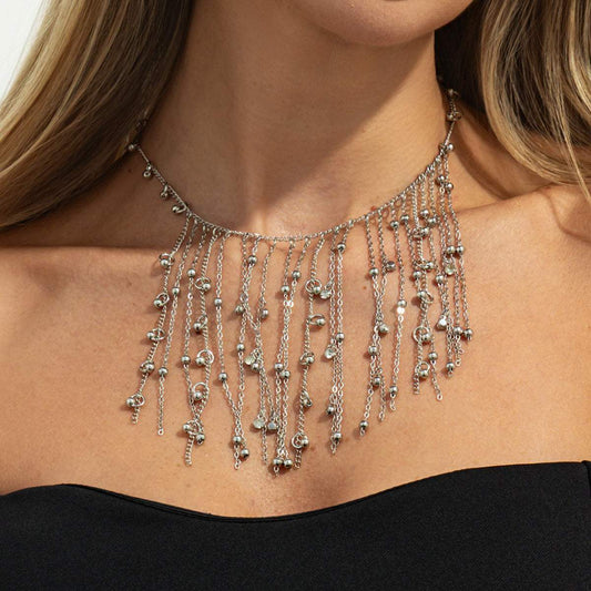 Cubic Zirconia & Silvertone Beaded Tassel Collar Necklace