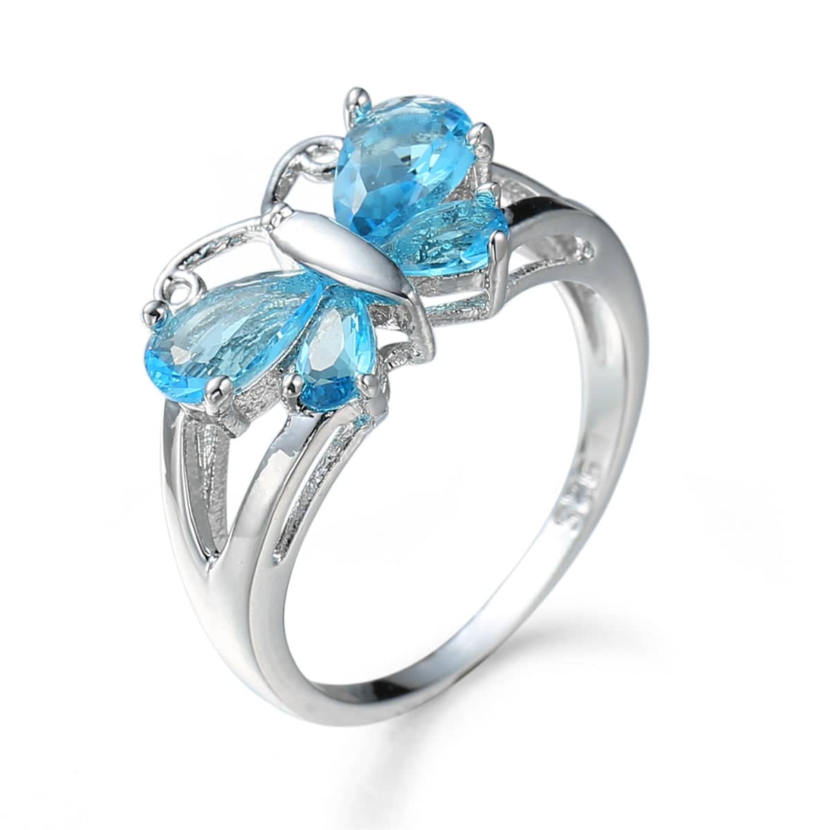 Sea Blue Crystal & Silvertone Butterfly Ring-1