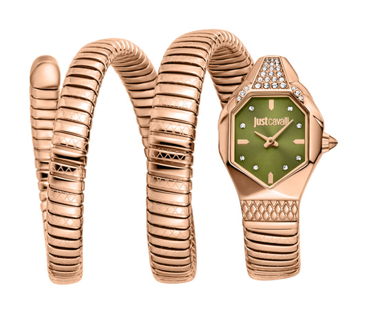 JUST CAVALLI Womens's Snake Watch, Rose Gold Color Case, Olive Dial, Rose Gold Color Stainless Steel Bracelet JC1L370M0045