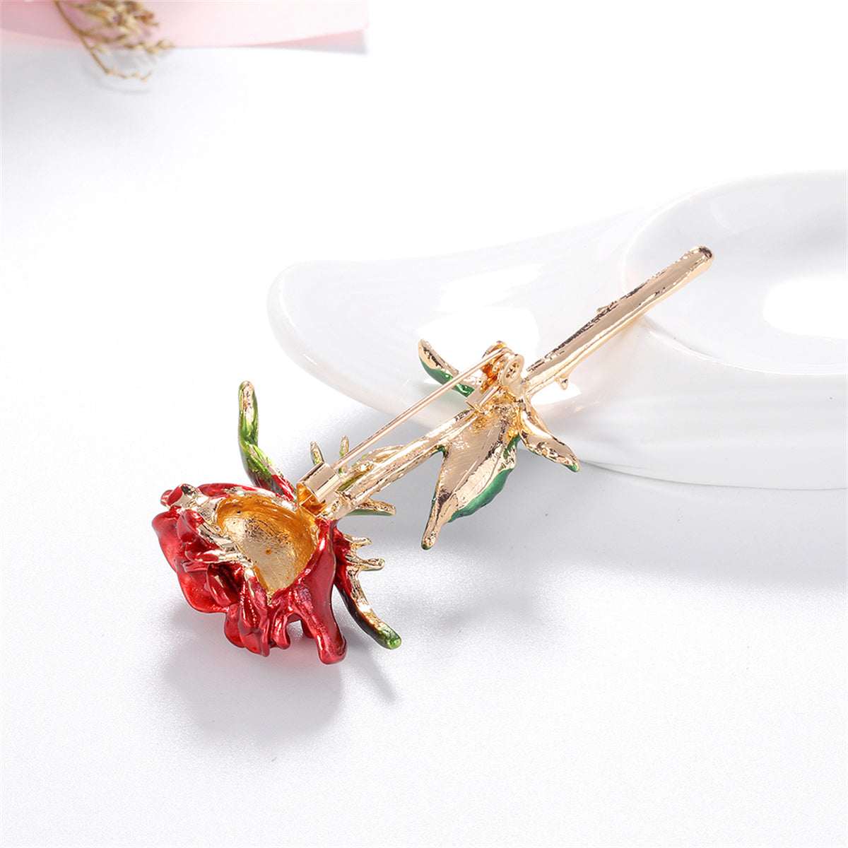 Red Enamel & Goldtone Rose Brooch
