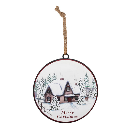 Melrose International Woodland Winter Cabin Disc Ornament (Set of 12)