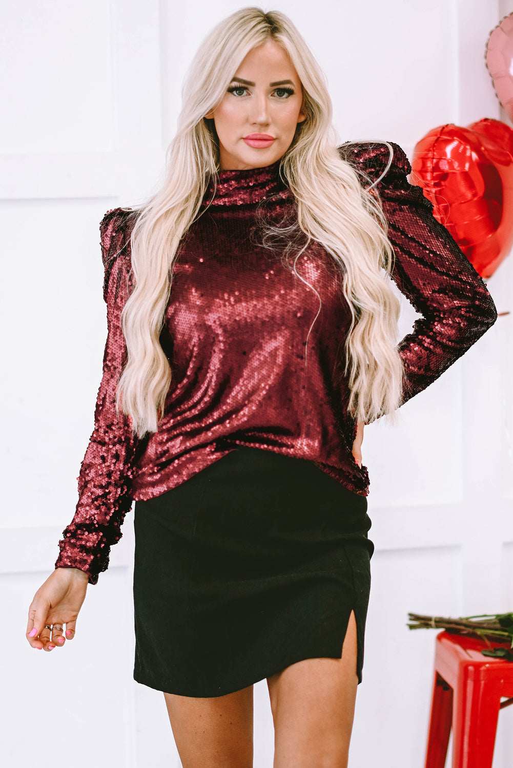Amara Mock Bubble Sleeve Top - Burgundy / L - 12/14