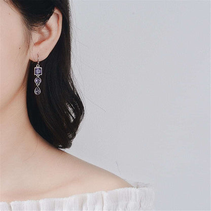 Purple Crystal & Silvertone Tri-Layer Drop Earrings