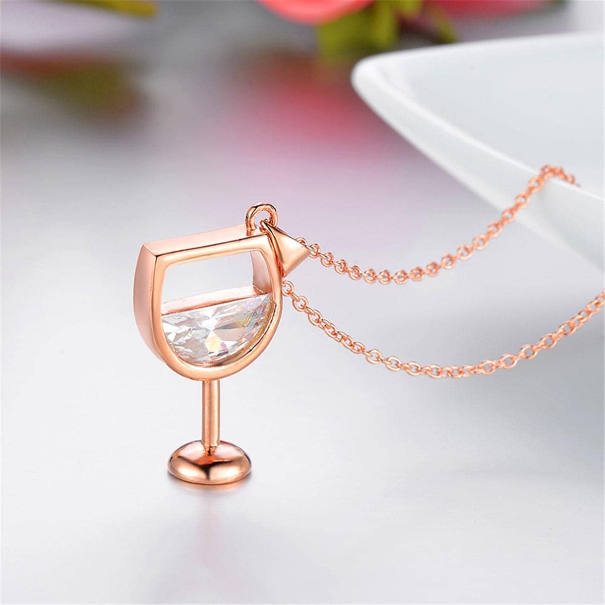 Crystal & Rose Goldtone Wineglass Pendant Necklace