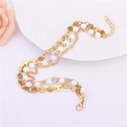 Goldtone & White Beaded Anklet