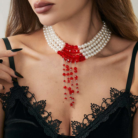 Red Acrylic & Pearl Silvertone Drop Tassel Layered Necklace