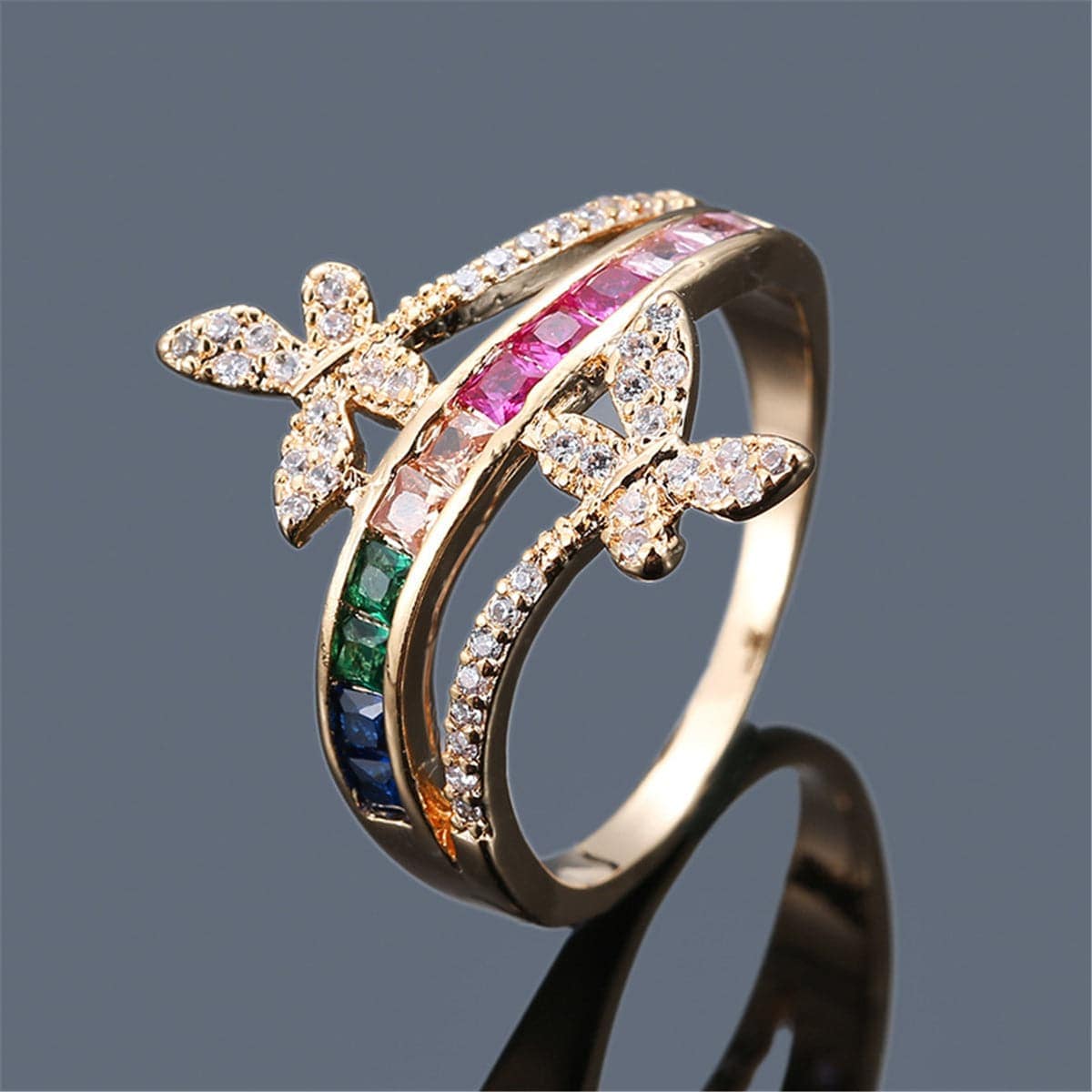 Rainbow Crystal & Cubic Zirconia Butterfly Ring-5