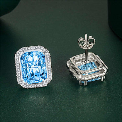 Blue Radiant Crystal & Cubic Zirconia Silvertone Halo Stud Earrings