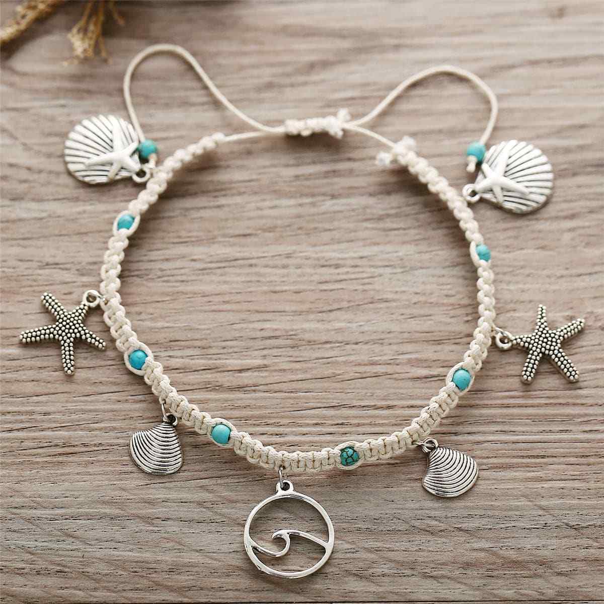 Turquoise & Silvertone Ocean Lives Charm Anklet