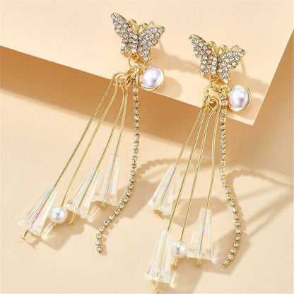 Pearl & Goldtone Butterfly Tassel Drop Earrings