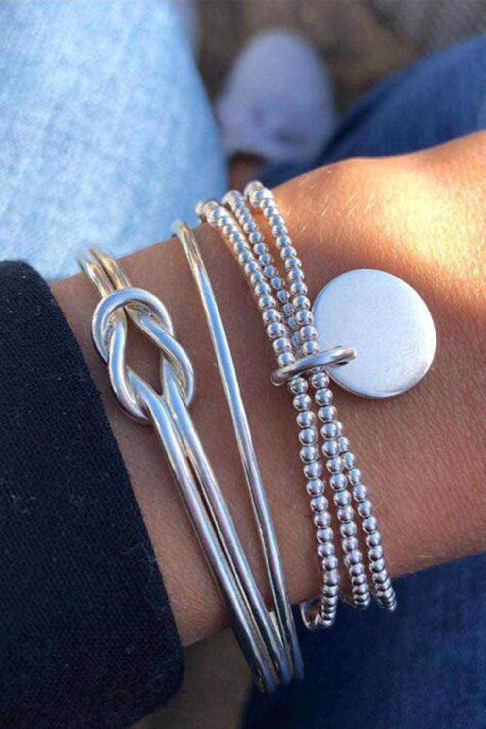Silver Knotted Beaded 3-piece Bracelet Set - Silver / ONE SIZE / 100%Alloy