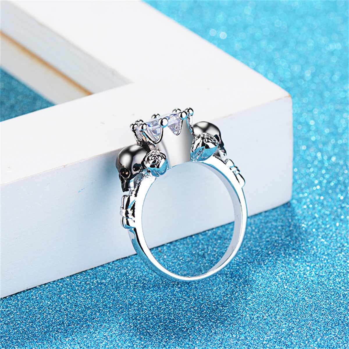 Clear Crystal & Silvertone Skull Rose Ring-3