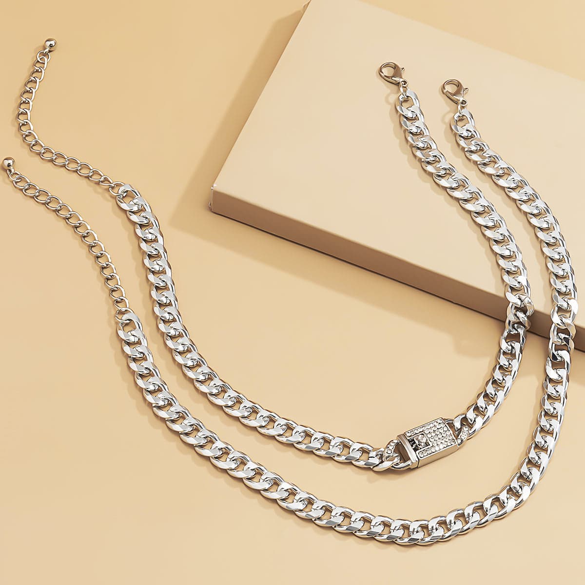 Cubic Zirconia & Silvertone Figaro Lock Chain Necklace Set