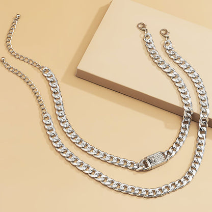 Cubic Zirconia & Silvertone Figaro Lock Chain Necklace Set
