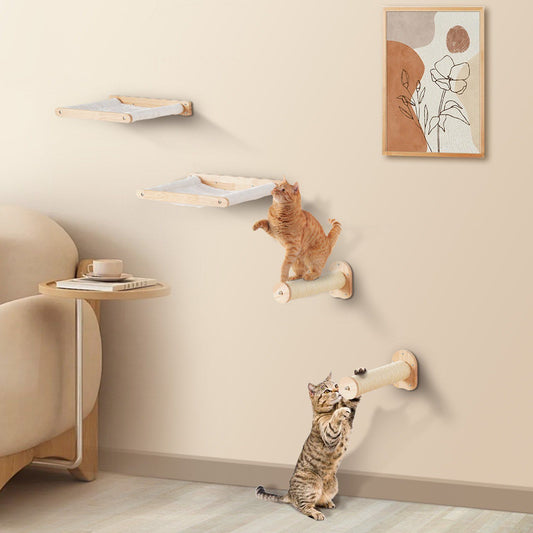 VEVOR Wall Mounted Cat Shelves with 2 Jumping Posts & 2 Hammocks up to 40 lbs - Multicolor