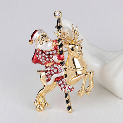Cubic Zirconia & Goldtone Santa Claus & Reindeer Brooch