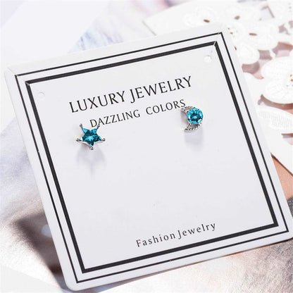 Teal Crystal & Silvertone Blue Moon & Star Stud Earrings
