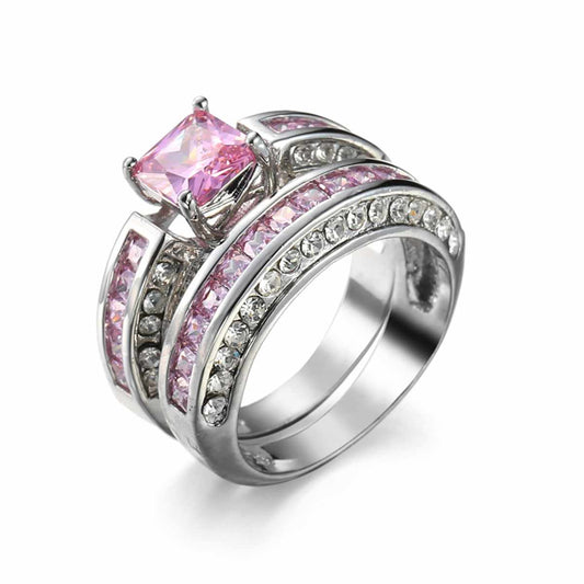 Pink Cubic Zirconia & Silvertone Princess-Cut Ring & Band
