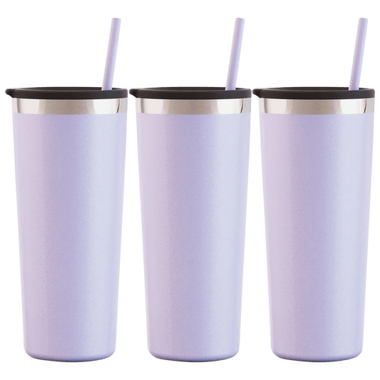 3-Pack: Maars Roadie 18/8 Stainless Steel Double Wall Tumbler 22Oz With Press On Lid & Matching 10" Stopper Straw