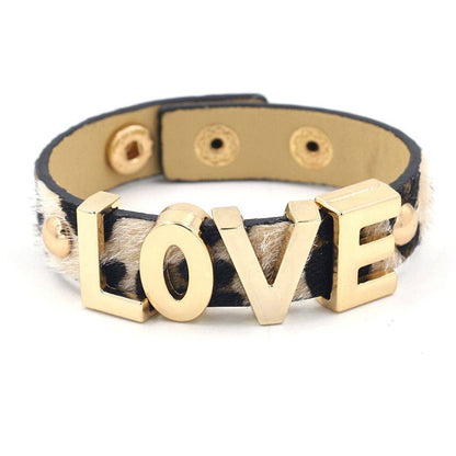 Light Coffee Polyurethane & Goldtone Leopard 'Love' Bracelet