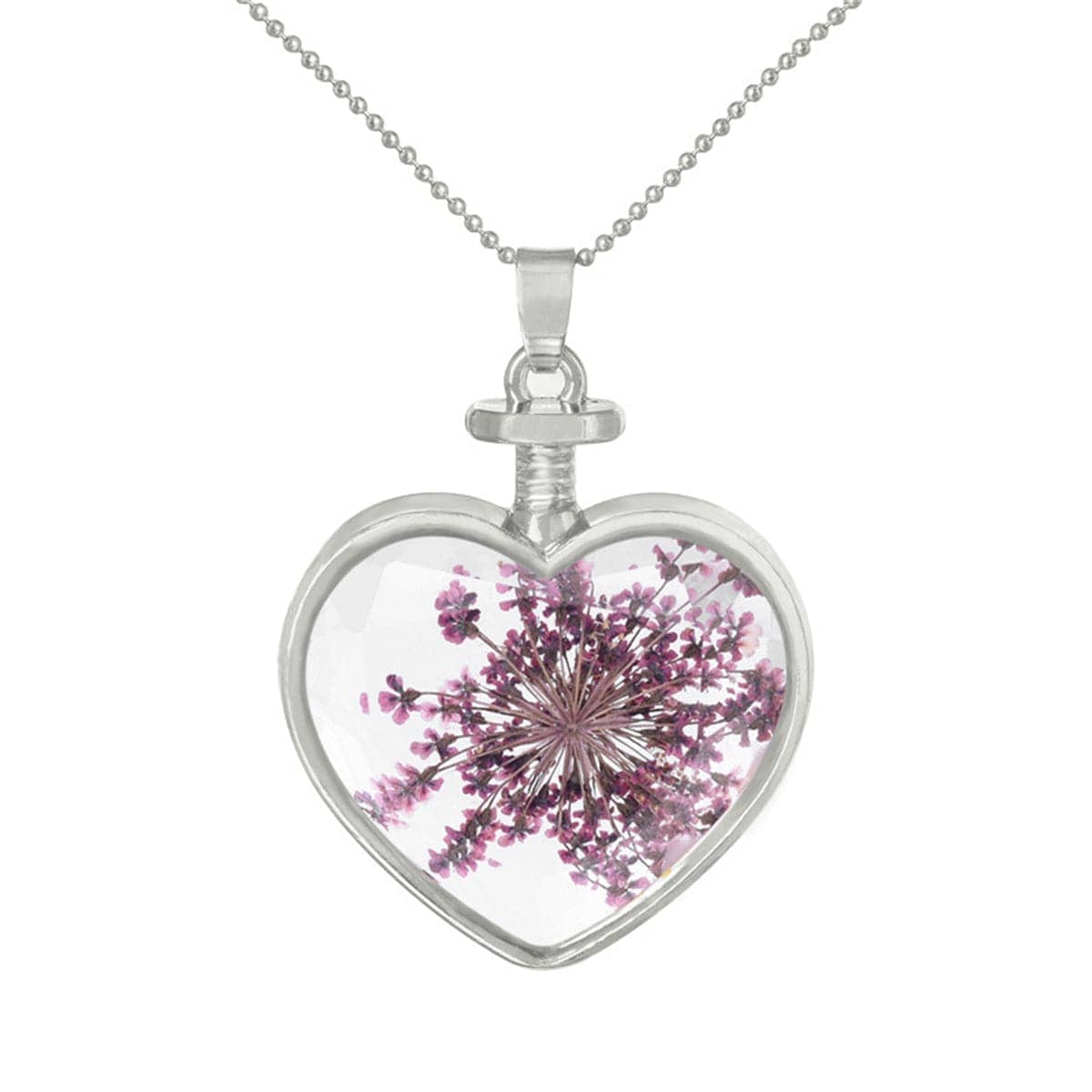 Purple Pressed Gypsophila & Silvertone Heart Pendant Necklace