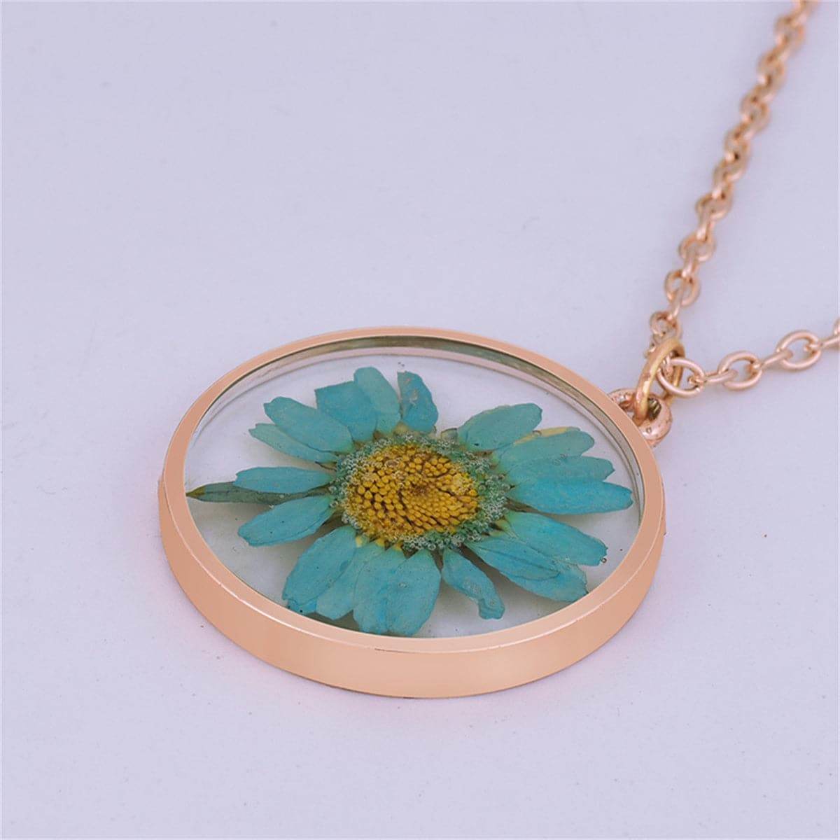 Blue Pressed Mum & Rose Goldtone Pendant Necklace