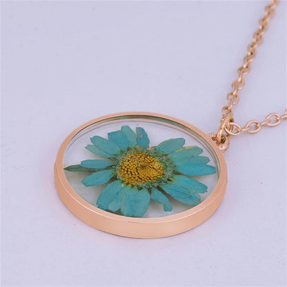 Blue Pressed Mum & Rose Goldtone Pendant Necklace