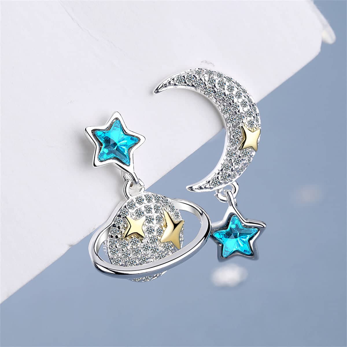 Crystal & Cubic Zirconia Two Tone Moon & Planet Drop Earrings